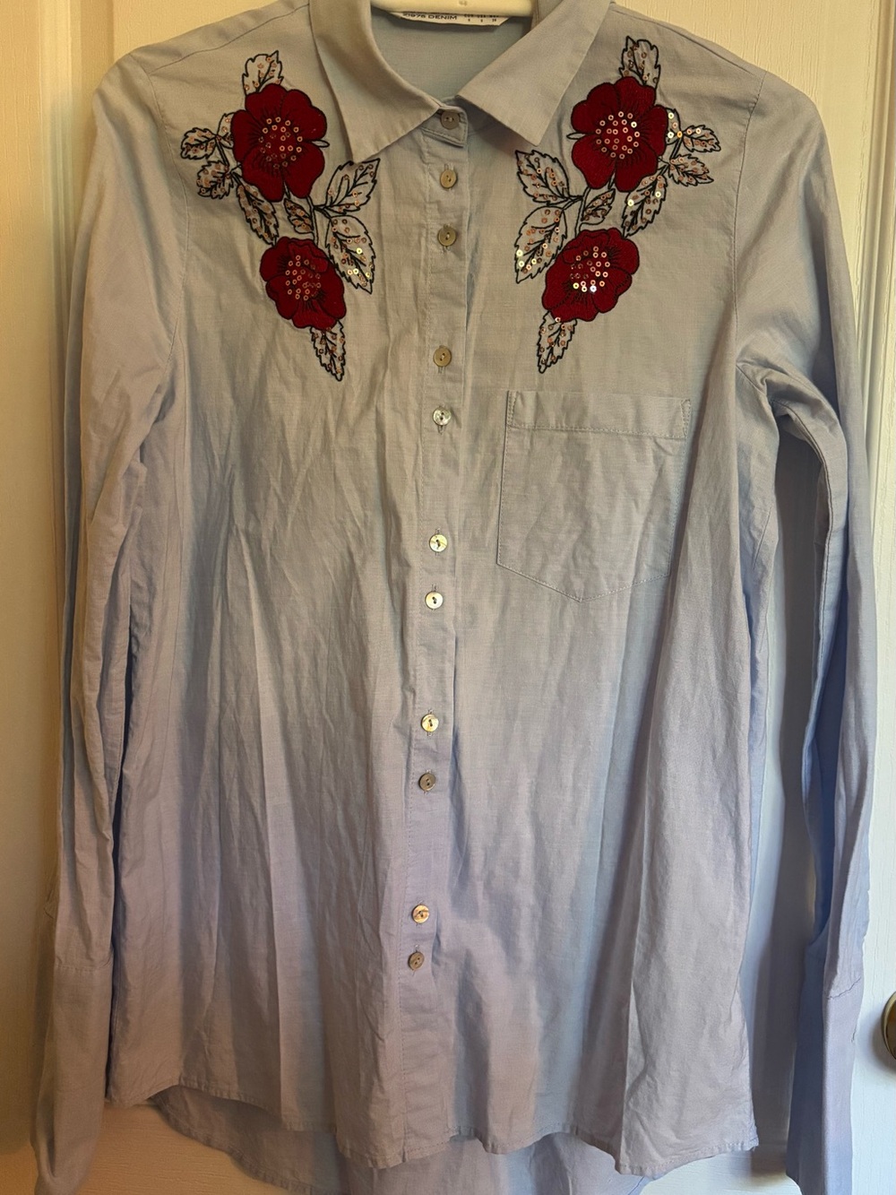 Zara Light Blue Button-Down Shirt with Red Floral Embroidery